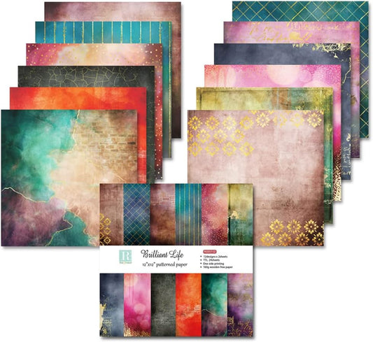 Scrapbook Paper Pad Pack 12x12,Brilliant life Vintage Pattern Double Sided Printed Classic Old Looking Background Craft Paper for Scrapbooking Card Making Decoration,12 Designs 24 Sheets