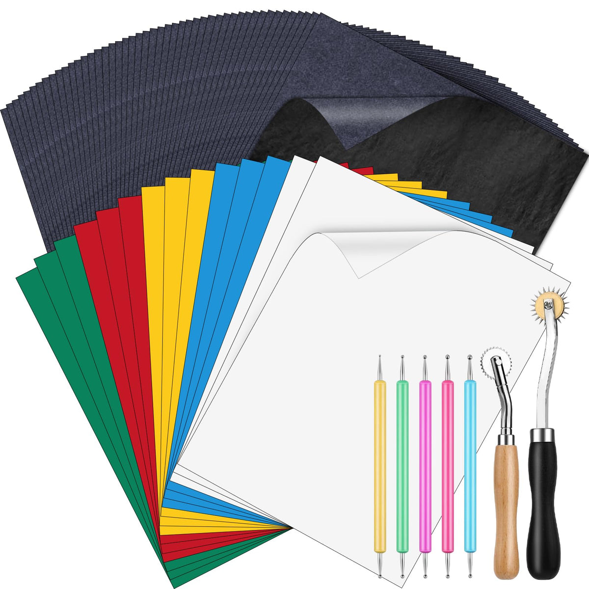 WOWOSS 10 Pieces Transfer Paper with Embossing Stylus, Needle Point Tracing Wheel, 9" x 5.5" Carbon Tracing Paper, Transfer Pattern on Aida Cloth, Canvas, Wood for Home Sewing Embroidery Paint Kit