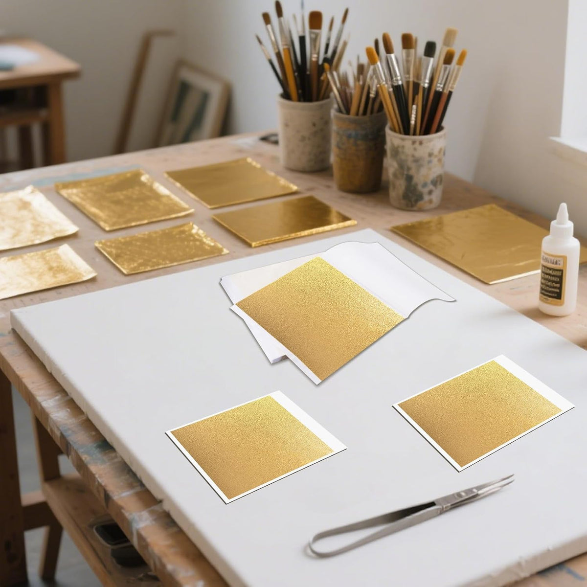 TIPTAP 300PCS Gold Leaf Sheets, 3.15x3.35IN Gold Foil Paper, Gold Flakes, Metal Leaf for Decoration, Nail Art, Candles, Buddha Painting, Furniture, Crafting, DIY and More