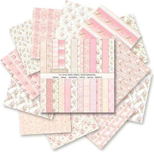 VIVIQUEN 24 Pack Pink Floral Double-Sided Paper, 12-inches Vintage Flowers Scrapbook Specialty Craft Paper Folded Flat for DIY Background Card Art Craft Making Scrapbook Photo Album Decor