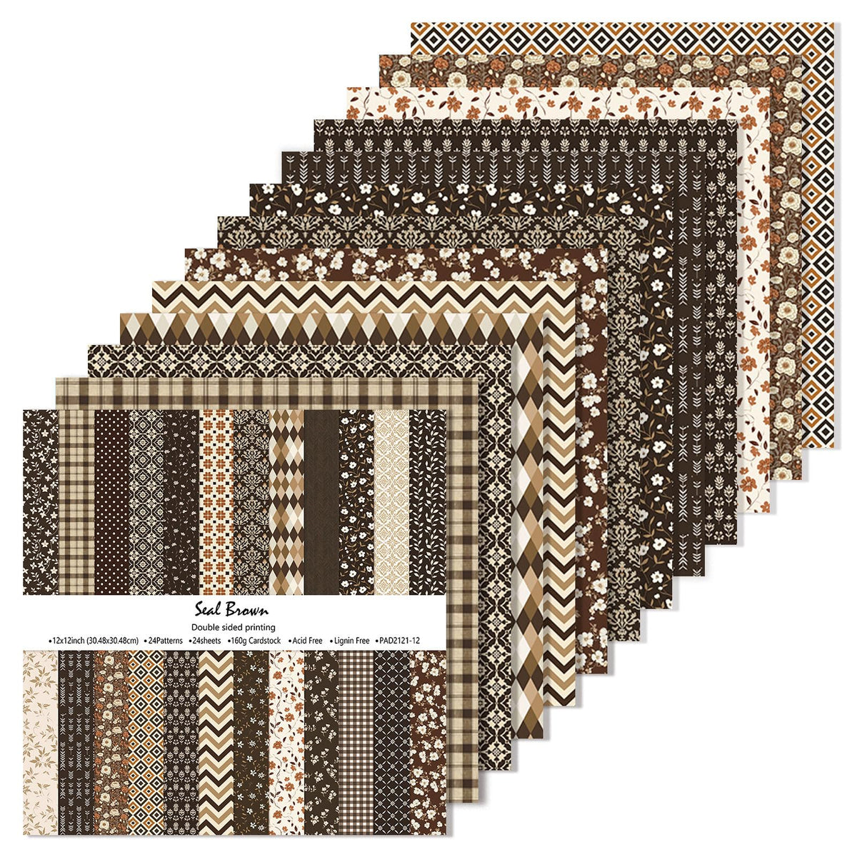 24 Sheets Scrapbook Paper 12 x 12 In, Floral and Boho Pattern Paper (Brown)