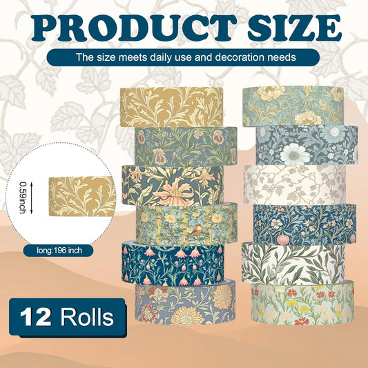 12 Rolls Floral Washi Tape Set,Earthy Tones,William Morris
