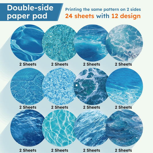 12in Blue Waves Scrapbook Paper Pad - 24 Sheets Double Side Sea Patterns Designed Aesthetic Collage Material for Junk Journal Folded Card Making DIY Crafts Gift Wrapping Supplies