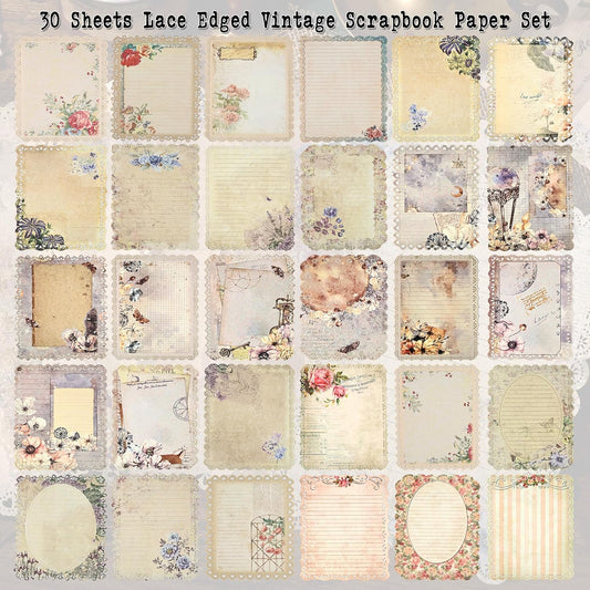 30 Sheets Lace Edged Vintage Scrapbook Paper, Assorted Set - 3 Pack Background Decorative Paper Ephemera for Junk Journaling Supplies, Scrapbooking, Collage, Stationery Letter Writing