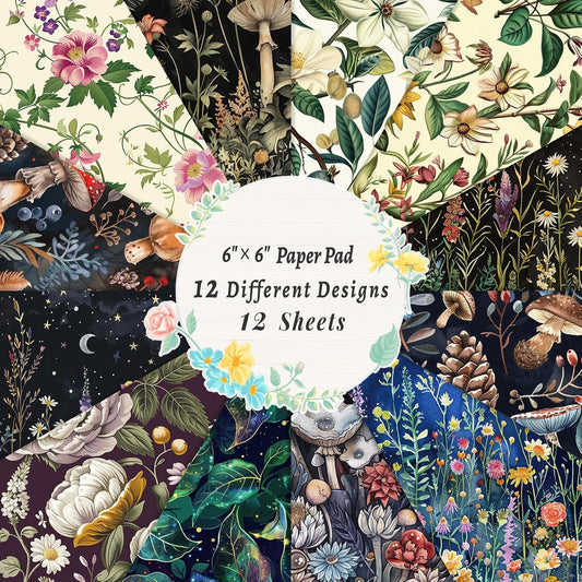 12 Sheets Fantasy Forest Botanical Scrapbook Paper Set 6" x 6" – Vintage Floral Mushroom Nature Craft Paper for Journaling, Decoupage, Origami, Card Making, DIY Art Projects