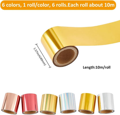 SUPERFINDINGS 6 Rolls 6 Colors Total 60m PET Hot Foil Transfer Roll Hot Foil Stamping Paper 4cm Width Heat Transfer Foil Elegance Craft Paper, 10m/Roll