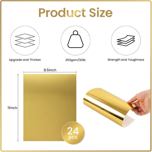 24 Sheets Gold Metallic Cardstock Paper 8.5 X 11", 92lb/250gsm Thick Paper Gold Foil Cardstock Shiny Mirror Glitter Paper for Crafts Scrapbook Card Making Invitations Party Decoration