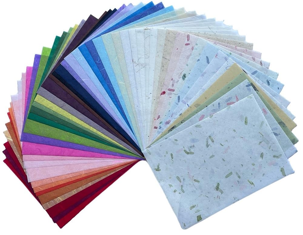 A4 50 Sheets Natural Fiber Mulberry Paper Sheets Art Tissue Washi Paper Design Craft Art Origami Suppliers Card Making Writing Painting 8.3" x 11.7" (50 Colors, A4)
