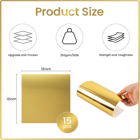15 Sheets Gold Metallic Cardstock - 12" x 12", 92lb/250gsm Thick Foil Paper for Crafts, Invitations & Decorations