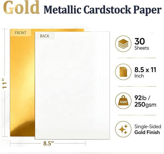 30 Sheets Gold Metallic Cardstock Paper 8.5" x 11", 92lb Mirror Finish