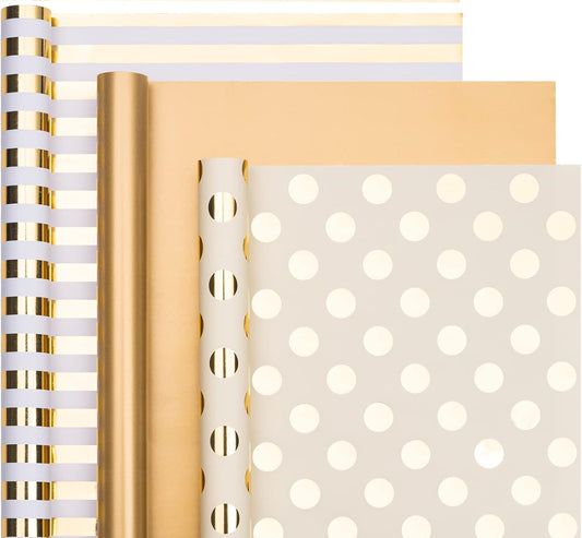 WRAPAHOLIC Gold Wrapping Paper Roll - Mini Roll - 3 Rolls - 17 Inch X 120 Inch Per Roll - Gold Foil Birthday Wrapping Paper for Wedding, Christmas, Party, Baby Shower