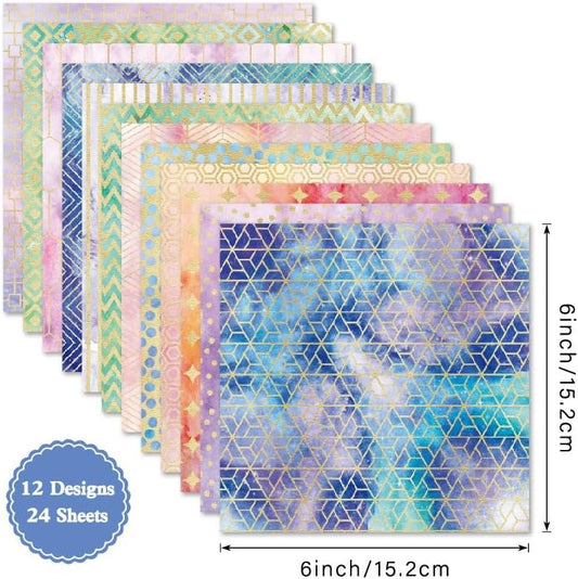Vintage Boho Scrapbook Paper Pad Golden Watercolor Patterned Cardstock Paper 6x6 ,24 Sheets Single-Sided Junk Journal Scrapbooking Papers for DIY Origami Card Making Art Collage Decorative Papers.