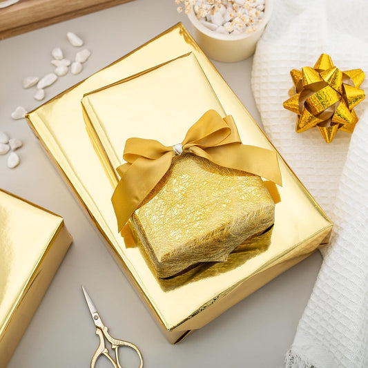 Merture Gold Wrapping Paper Roll - 17 In X 32.8 Ft(46.5 sq.ft.) Metallic Gold Solid Color Gift Wrap with Grid Cutting Lines for Christmas, Wedding, Birthday, Valentines Day, Mothers Day, Baby Shower