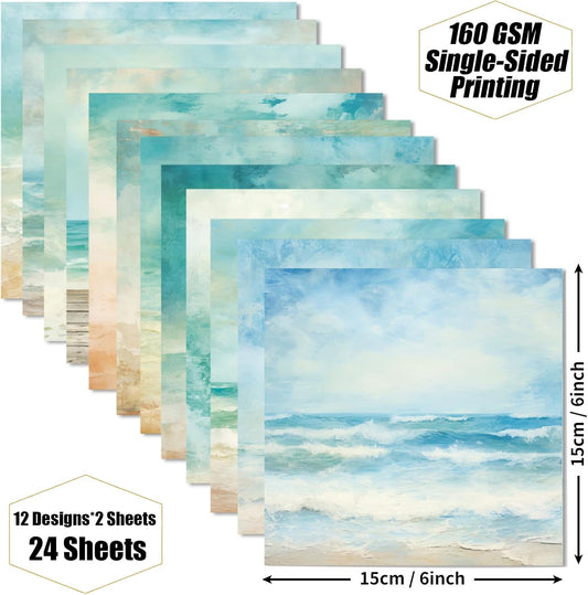 Ocean Sea Waves Scrapbook Paper - 6×6 Premium Color Pages With 24 Single-Sided Sheets for Scrapbooking Supplies Paper Crafts Home Decoration Card Making Journaling Background Decorative