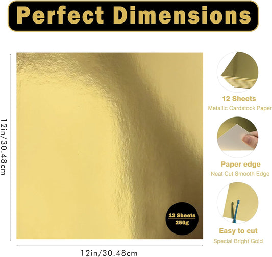 Gold Cardstock 12 x 12 inch, 92lb/250GSM Metallic Mirror 12 Sheets