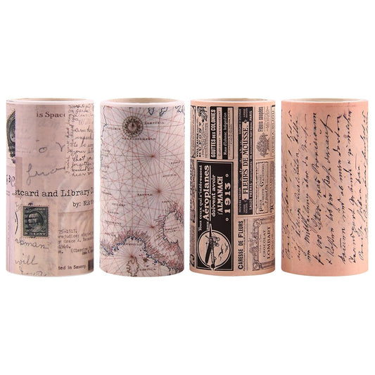 Dizdkizd Vintage Washi Tape Wide, Junk Journal Supplies, Map Newspaper Masking Tapes Stickers, Arts & Crafts Tape, Great for Vintage Journals, Gift Wrapping, 3 Inches × 4 Rolls