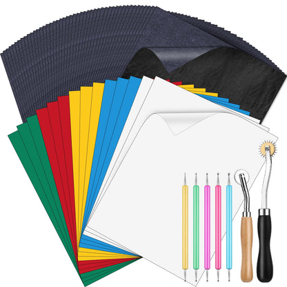 WOWOSS 10 Pieces Transfer Paper with Embossing Stylus, Needle Point Tracing Wheel, 9" x 5.5" Carbon Tracing Paper, Transfer Pattern on Aida Cloth, Canvas, Wood for Home Sewing Embroidery Paint Kit