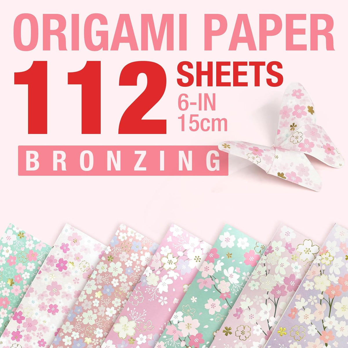 112 Sheets Heavier Origami Paper Japanese Cherry Blossom Pattern Sakura Bronzing Chiyogami 6" 15cm Washi Easy Fold Paper for Beginner