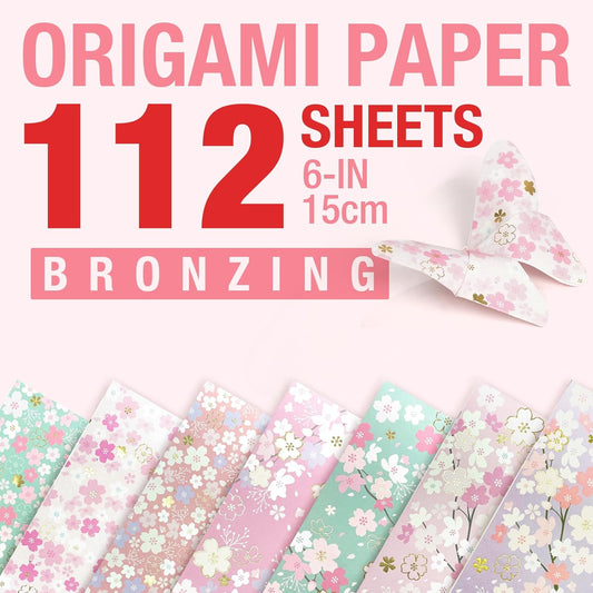 112 Sheets Heavier Origami Paper Japanese Cherry Blossom Pattern Sakura Bronzing Chiyogami 6" 15cm Washi Easy Fold Paper for Beginner