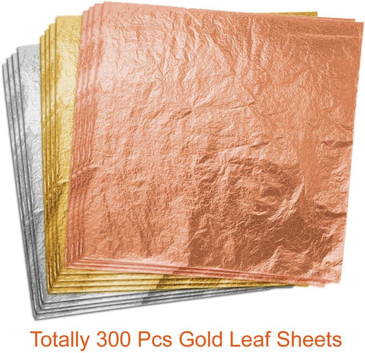 Paxcoo 300 Gold Leaf Sheets for Resin, Gold Foil Flakes Metallic Leaf for Resin Jewelry Making, Nail Art, Slime, and Gilding Crafts (Gold, Silver, Rose Gold Color 5.5 by 5.5 Inches)