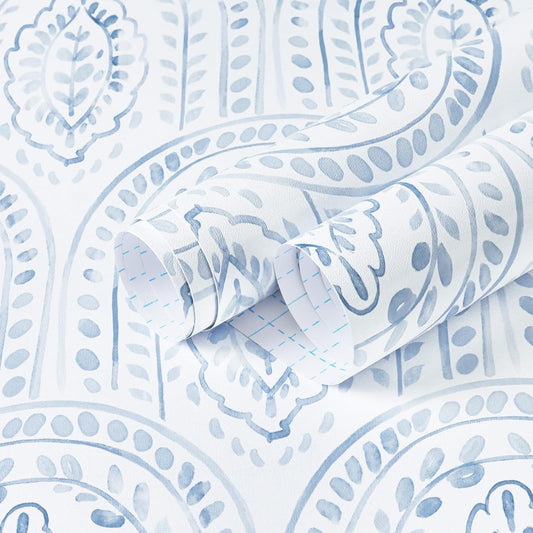 EeeComing Blue Peel and Stick Wallpaper Boho Wall Paper Peel and Stick Modern Contact Paper Self Adhesive Wallpaper for Bedroom and Bathroom Removable Cabinet Shelf Liner Vinyl 17.3”X118.1”