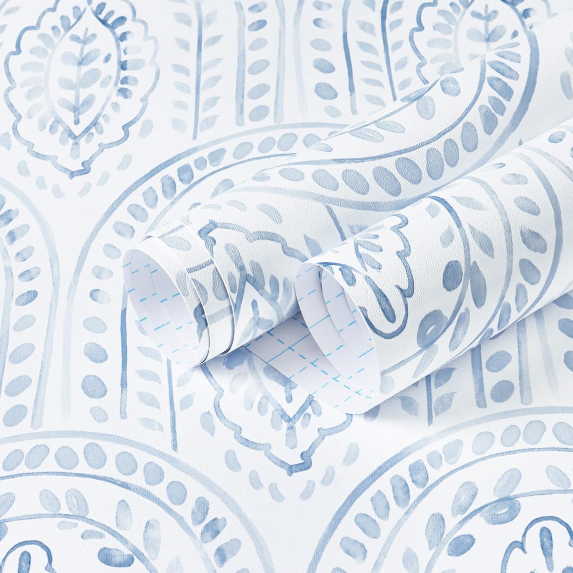 EeeComing Blue Peel and Stick Wallpaper Boho Wall Paper Peel and Stick Modern Contact Paper Self Adhesive Wallpaper for Bedroom and Bathroom Removable Cabinet Shelf Liner Vinyl 17.3”X118.1”