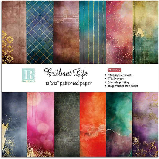 Scrapbook Paper Pad Pack 12x12,Brilliant life Vintage Pattern Double Sided Printed Classic Old Looking Background Craft Paper for Scrapbooking Card Making Decoration,12 Designs 24 Sheets