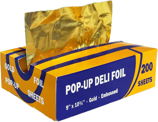 200 Count Pre-cut Pop-up Deli Aluminum Foil Sheets – Gold Color, 9’’ x 10.75’’ Disposable Wrappers for Food Wrap, 200 Sheets Pop-up Foil with Embossed Design