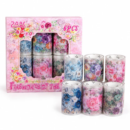 Vintage Floral Wide Washi Tape, 6 PET Rolls for Journaling Crafts