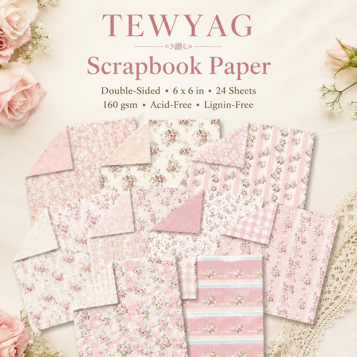 Floral Pink Scrapbook Paper Pad, 6x6 Aesthetic Craft Paper, 24 Sheets Double-Sided Decorative Patterned Decorative Junk Journal Supplies for Mixed Media, Card Making, Decoupage & DIY Art