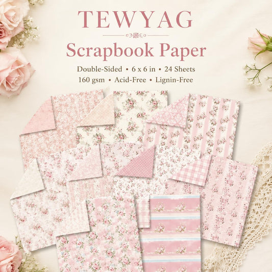Floral Pink Scrapbook Paper Pad, 6x6 Aesthetic Craft Paper, 24 Sheets Double-Sided Decorative Patterned Decorative Junk Journal Supplies for Mixed Media, Card Making, Decoupage & DIY Art