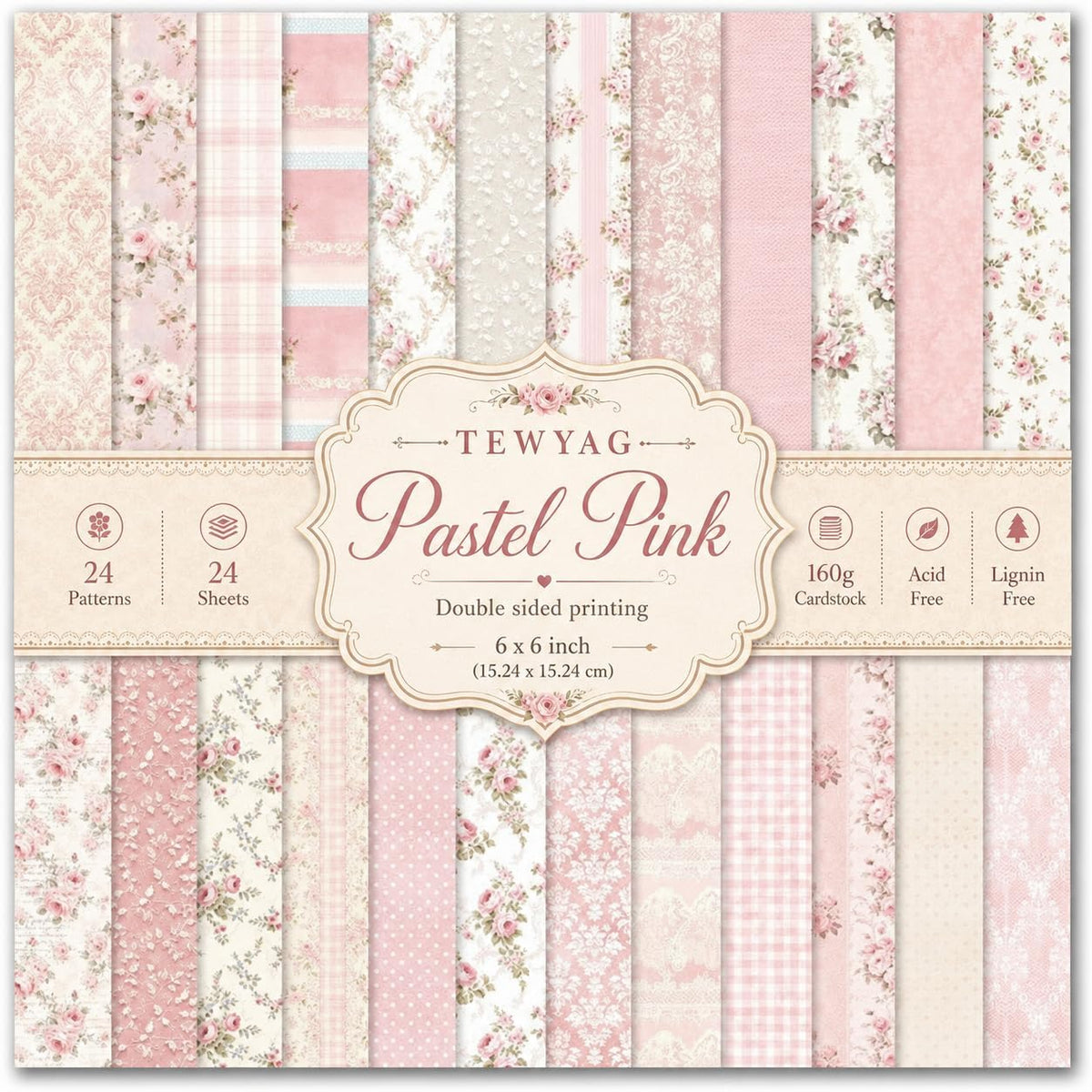 Floral Pink Scrapbook Paper Pad, 6x6 Aesthetic Craft Paper, 24 Sheets Double-Sided Decorative Patterned Decorative Junk Journal Supplies for Mixed Media, Card Making, Decoupage & DIY Art