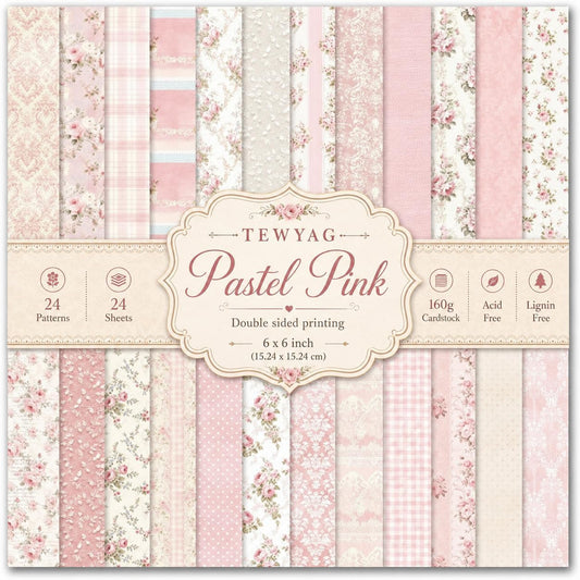 Floral Pink Scrapbook Paper Pad, 6x6 Aesthetic Craft Paper, 24 Sheets Double-Sided Decorative Patterned Decorative Junk Journal Supplies for Mixed Media, Card Making, Decoupage & DIY Art