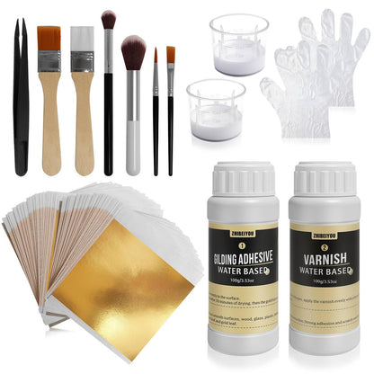 100 Pieces Gold Leaf Sheets, Complete Gilding Adhesive Kit for Gold Leaf