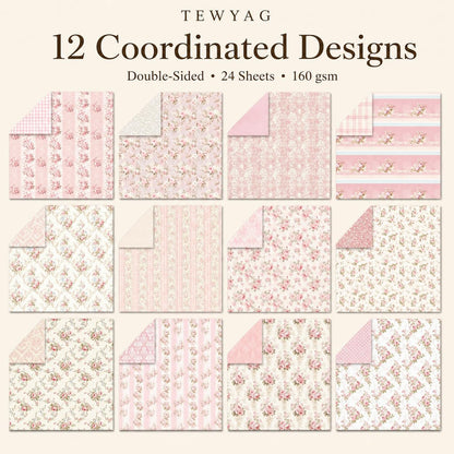 Floral Pink Scrapbook Paper Pad, 6x6 Aesthetic Craft Paper, 24 Sheets Double-Sided Decorative Patterned Decorative Junk Journal Supplies for Mixed Media, Card Making, Decoupage & DIY Art