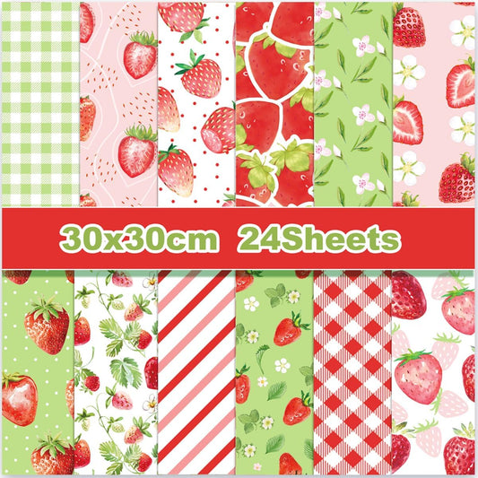 Strawberry Striped Plaid Scrapbook Paper,24 Sheets 12 x12 inch Double-Sided Printing Decorative Craft Patterned Paper Pad for Card Making Background Art Album Collage Aesthetic Room