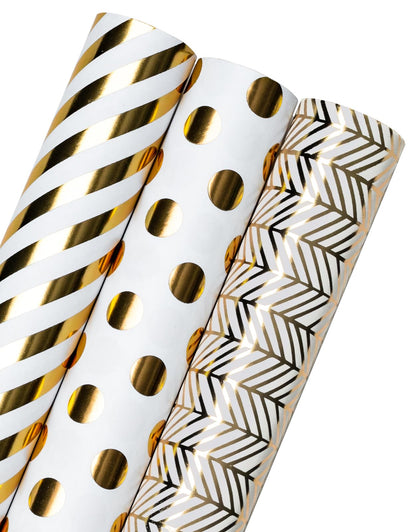 WRAPAHOLIC Gold Wrapping Paper Roll - Mini Roll - 3 Rolls - 17 Inch X 120 Inch Per Roll - Gold Foil Birthday Wrapping Paper for Wedding, Christmas, Party, Baby Shower
