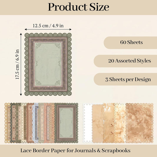 60 Sheets Vintage Lace Edge Scrapbook Paper, 4.9"x6.9" Decorative Paper
