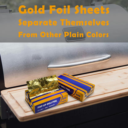 200 Count Pre-cut Pop-up Deli Aluminum Foil Sheets – Gold Color, 9’’ x 10.75’’ Disposable Wrappers for Food Wrap, 200 Sheets Pop-up Foil with Embossed Design