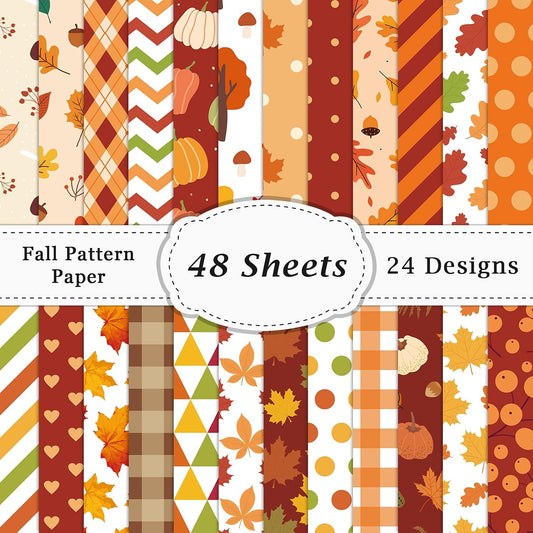48Pcs Fall Pattern Paper Double Sided Antique Scrapbook Specialty Paper Autumn Theme Decorative Crafts Papers Folded Flat for Rustic DIY Card Making Photo Album Journal Crafts Decorations 11.8X11.8in