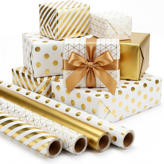 woric 4 Rolls Gold Wrapping Paper, Gold Foil Birthday Wrapping Paper