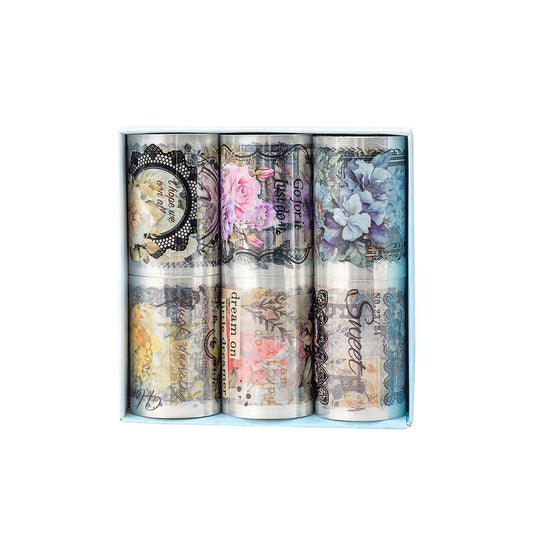 Vintage Floral Wide Washi Tape, 6 PET Rolls for Journaling Crafts