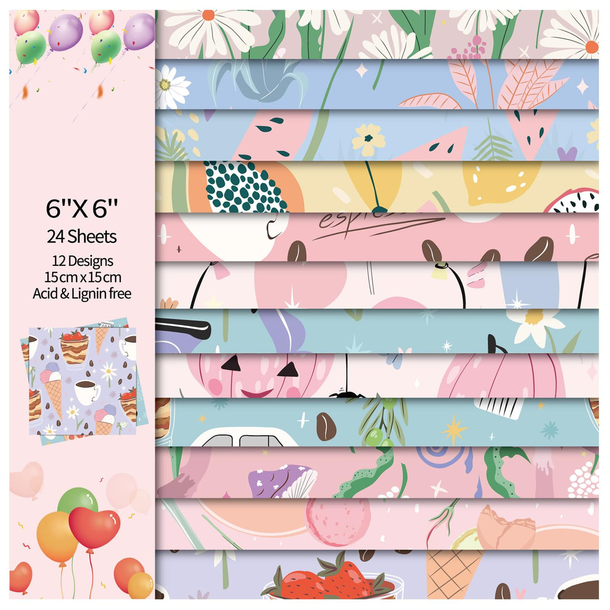 Scrapbook Paper, 24 Sheets 6"×6" 160gsm Single-Sided Patterned Cardstock