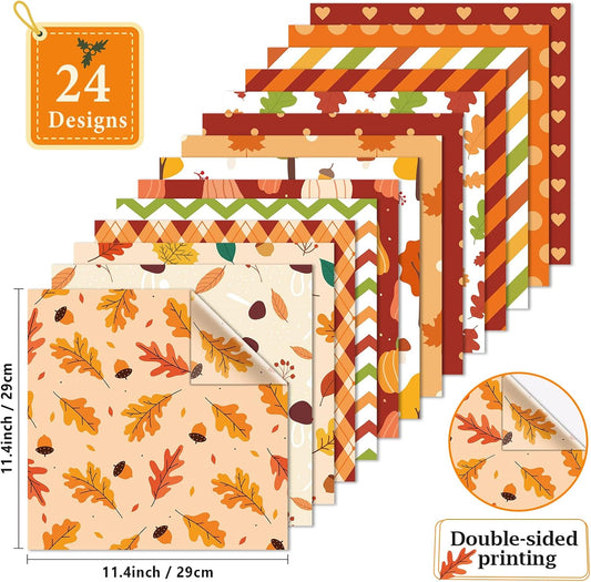 48Pcs Fall Pattern Paper Double Sided Antique Scrapbook Specialty Paper Autumn Theme Decorative Crafts Papers Folded Flat for Rustic DIY Card Making Photo Album Journal Crafts Decorations 11.8X11.8in