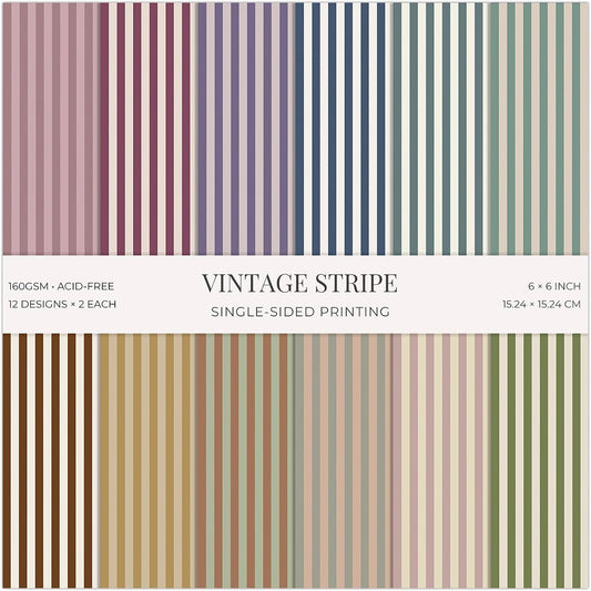 24 Sheets Vintage Stripe Scrapbook Paper Pad, 6x6 inch Single-Sided