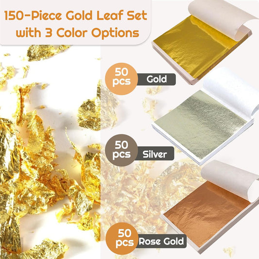 150 Pcs Gold Leaf Sheets for Art, 5.5x5.5 Inch Gold Foil Sheets for Crafts, 3 Colors Metallic Leaf for Nails, Painting, Gilding, DIY Decor - 14x14 cm Aluminum Foil Sheets for Multi-Surface Use