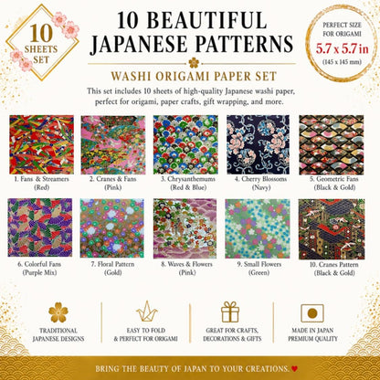 10 Sheets Japanese Echizen Washi Origami Paper Set, 5.7 x 5.7 inch, Made in Japan