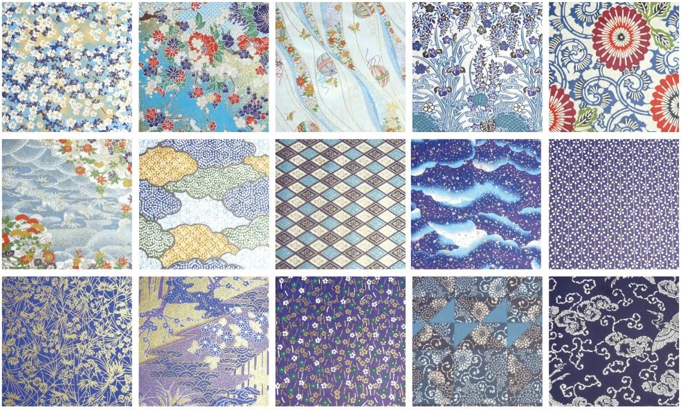 Chiyogami Yuzen Washi B4, 15 Patterns, 15 Sheets (Blue Type B Set)