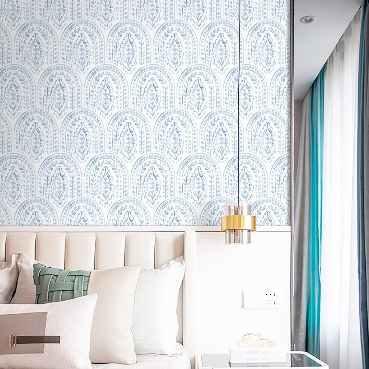 EeeComing Blue Peel and Stick Wallpaper Boho Wall Paper Peel and Stick Modern Contact Paper Self Adhesive Wallpaper for Bedroom and Bathroom Removable Cabinet Shelf Liner Vinyl 17.3”X118.1”