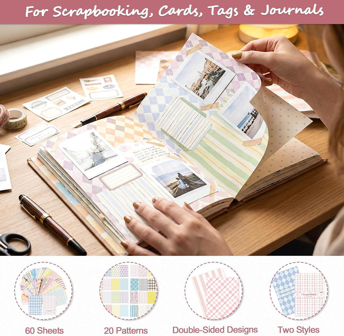 Scrapbook Paper Pad, 60 Sheets, 5.5 x 8.3 in, Double-Sided
